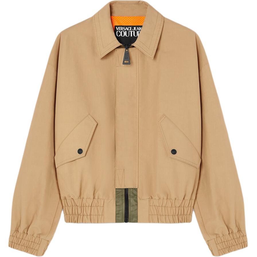 Versace Beige Plain Logo Patch Bomber Jacket with Cinched Waist E76GAS413-EN0305-E750