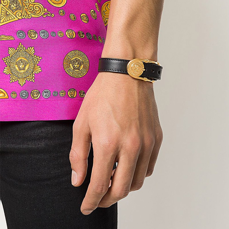 Purchase Versace 黑色軟皮革金屬扣飾手環 DG08030-DMTN-D41OH