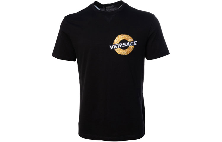 VERSACE Black Cotton T-Shirt with Gold Embroidered Logo Short Sleeve A81941-A224589-A008