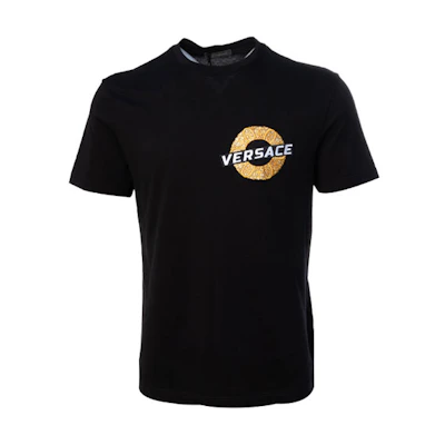 VERSACE Black Cotton T-Shirt with Gold Embroidered Logo Short Sleeve A81941-A224589-A008