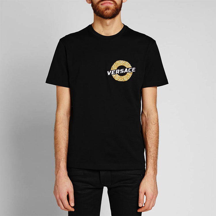 Purchase 베르사체 블랙 코튼 티셔츠 골드 자수 로고 반팔 A81941-A224589-A008