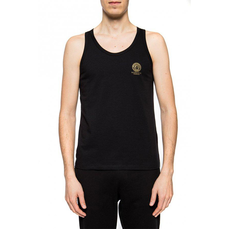 Shop Versace Hitam Tank Top Leher Bulat dengan Cetakan Logo. AUU01012-A232741-A1008