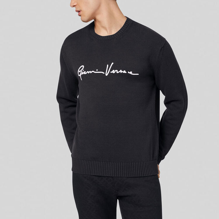Shop VERSACE 黑色刺繡針織圓領毛衣 A85006-A232493-A1008