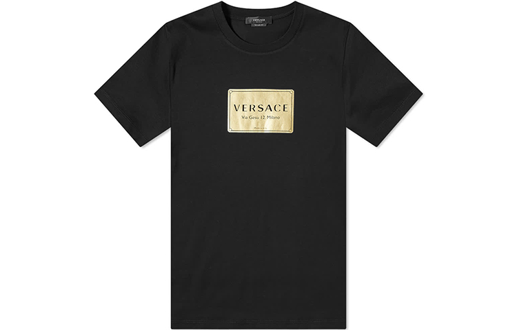 VERSACE Black Gold Logo Patch Short Sleeve T-Shirt for Men. A87387-A228806-A1008