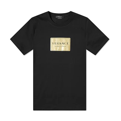 VERSACE Black Gold Logo Patch Short Sleeve T-Shirt for Men. A87387-A228806-A1008