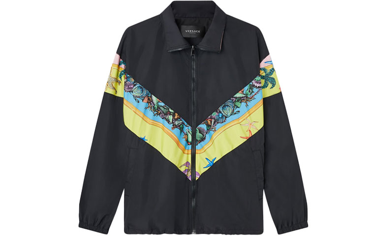 VERSACE Black Graphic Print Zip-Up Jacket with Collar. A89028-1F00977-5Y010