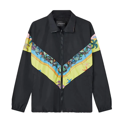 VERSACE Black Graphic Print Zip-Up Jacket with Collar. A89028-1F00977-5Y010