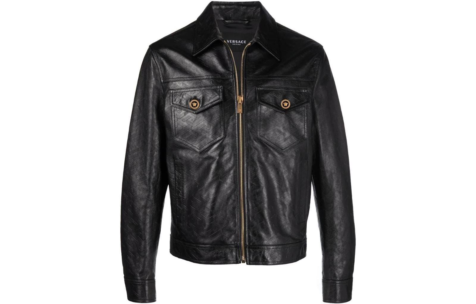 Versace Black Greek Motif Leather Zip-Up Jacket 10040541A029501B000