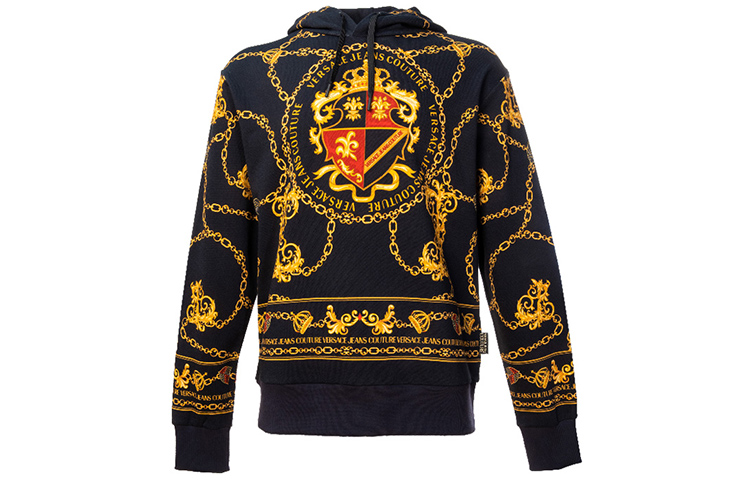 Versace Black Hoodie with Gold Crown and Baroque Print Design B7GZB7KG-30328-K42