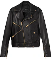 Versace Black Leather Zip-Up Jacket with Collared Design 1001070-1A00713-1B000 Versace Black Leather Zip-Up Jacket with Collared Design 1001070-1A00713-1B000