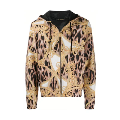 Versace Black Leopard Geometric Print Zip-Up Hoodie Jacket ABU05018-AP00251-A771