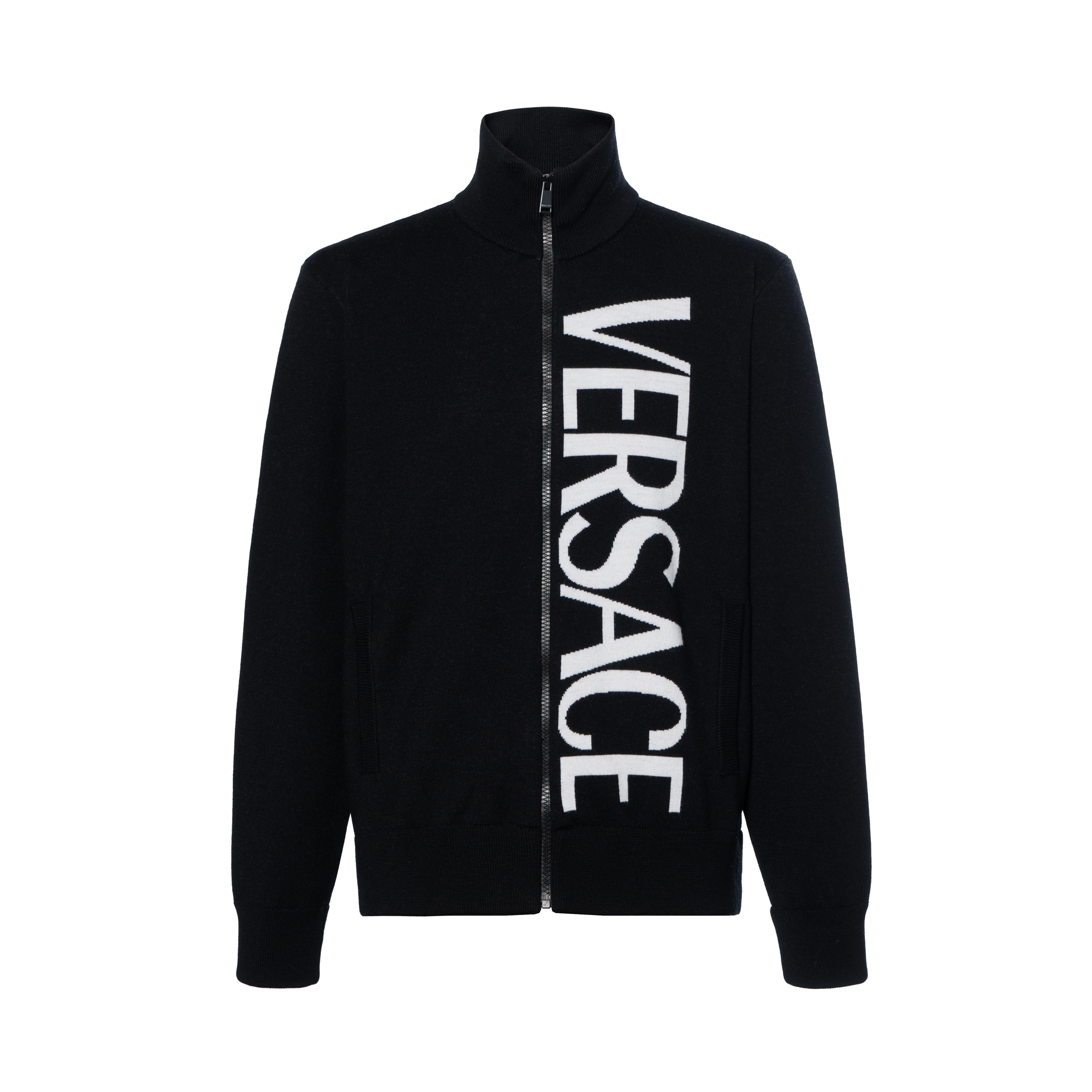 Versace Black Letter Print Zip-Up Jacket with Stand Collar and Long Sleeves 1002720-1A12066-1B000