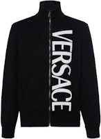 Versace Black Letter Print Zip-Up Jacket with Stand Collar and Long Sleeves 1002720-1A12066-1B000 Versace Black Letter Print Zip-Up Jacket with Stand Collar and Long Sleeves 1002720-1A12066-1B000