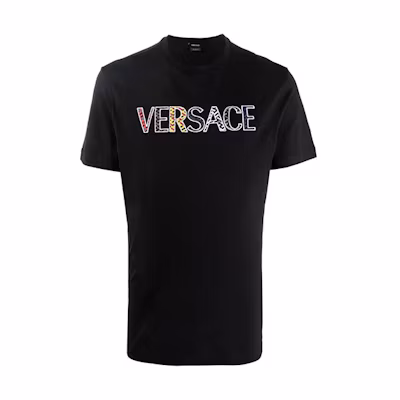 VERSACE Black Logo Embroidered Crew Neck Short Sleeve T-Shirt. 1002463-1A01811-1B000