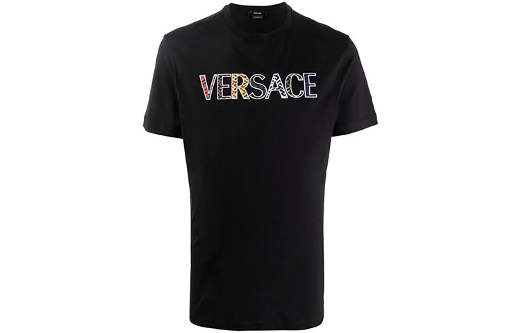 Order VERSACE 黑色徽標刺繡短袖圓領T恤。 1002463-1A01811-1B000