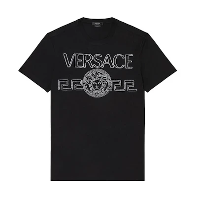 VERSACE Black Logo Embroidered Crewneck Short Sleeve Casual T-Shirt 1001280-1A00915-1B000