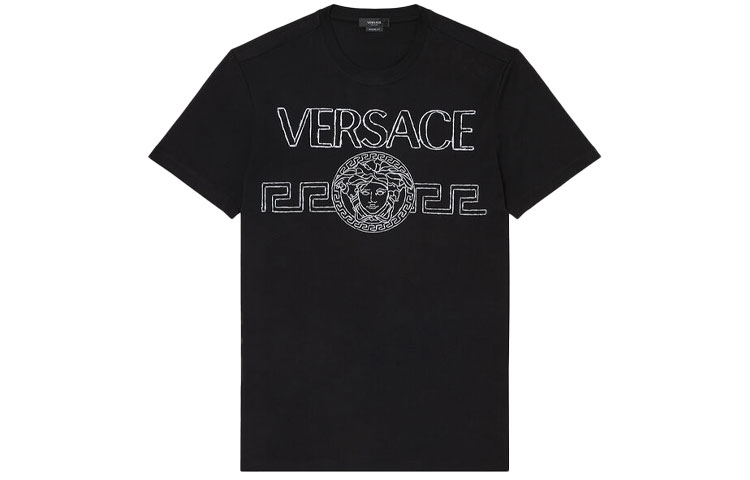 VERSACE Black Logo Embroidered Crewneck Short Sleeve Casual T-Shirt 1001280-1A00915-1B000 圖 2