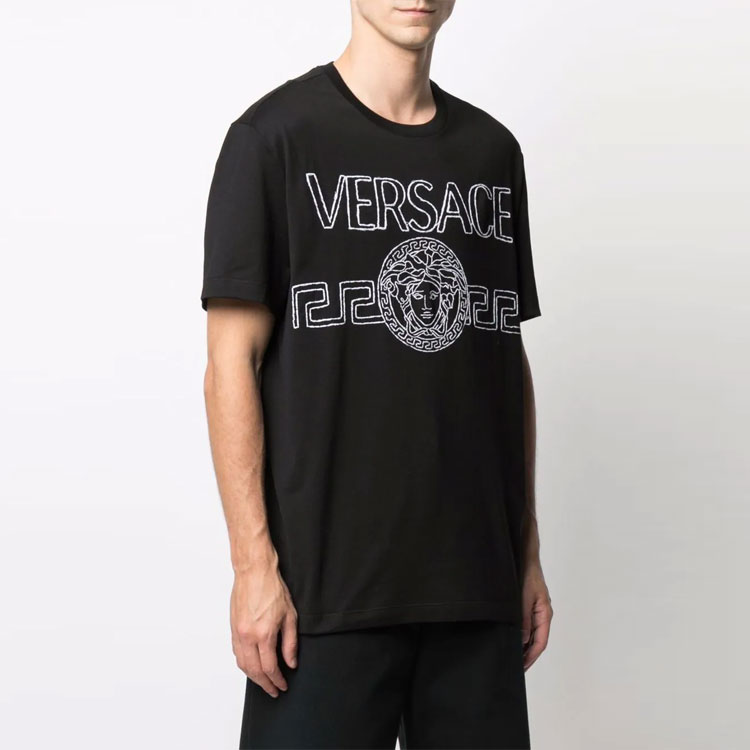 VERSACE Black Logo Embroidered Crewneck Short Sleeve Casual T-Shirt 1001280-1A00915-1B000 圖 4