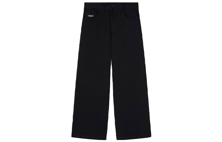 VERSACE Black Logo Patch Wide-Leg Relaxed Fit Casual Pants. 1001022-1A00703-1B000