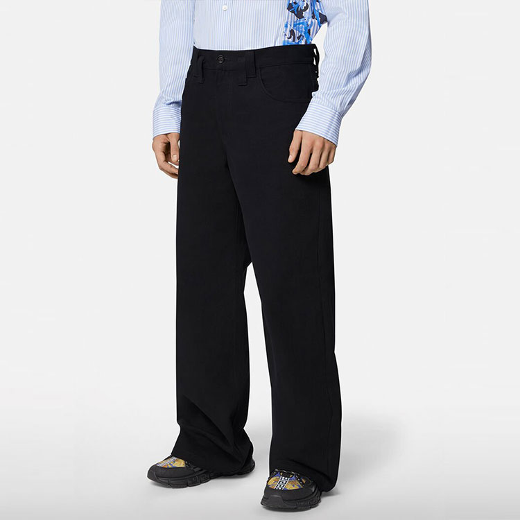 Shop VERSACE Black Logo Patch Wide-Leg Relaxed Fit Casual Pants. 1001022-1A00703-1B000