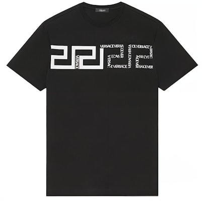 ヴェルサーチ ブラック ロゴ プリント クルーネック 半袖 Tシャツ 1001286-1A00919-1B000 Buy ヴェルサーチ ブラック ロゴ プリント クルーネック 半袖 Tシャツ 1001286-1A00919-1B000