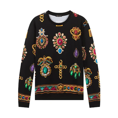Versace Black Loose-Fit Pullover Sweatshirt with Jewelry Print Design A77278-A231462-A72W