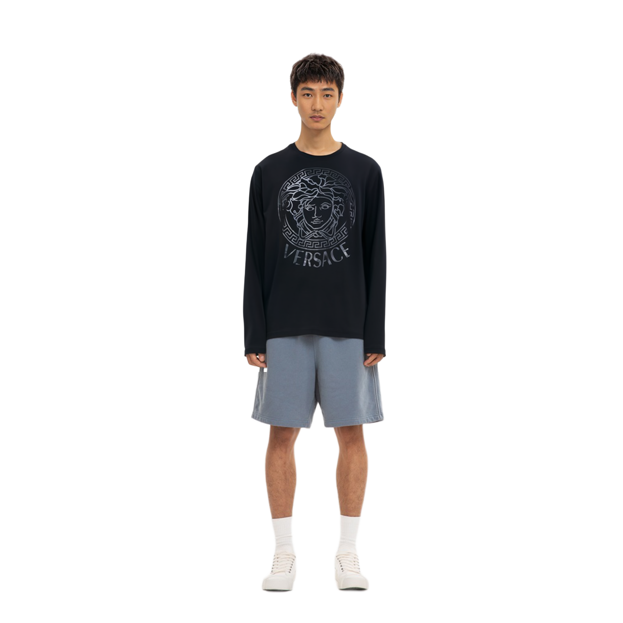 Shop VERSACE 黑色印花長袖圓領T恤 A85871-A228806-A1008