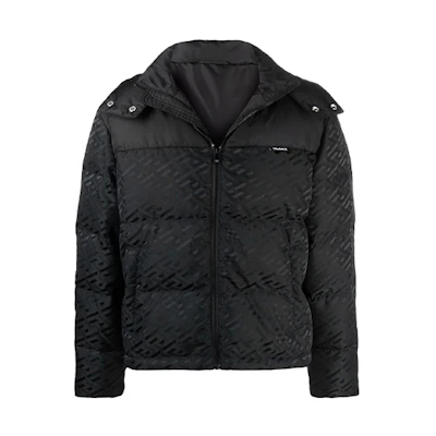 VERSACE Black Puffer Jacket Patchwork Hoodie Full-Zip Long Sleeve 1003636-1A02841-1B000