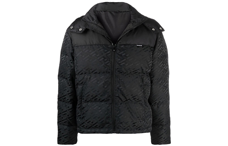 Order 베르사체 블랙 패치워크 푸퍼 재킷 풀집 후드 롱슬리브. 1003636-1A02841-1B000