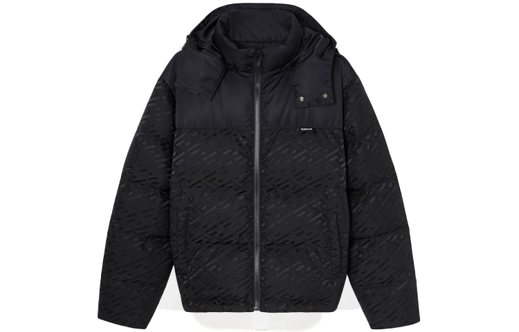 Lookbook 베르사체 블랙 패치워크 푸퍼 재킷 풀집 후드 롱슬리브. 1003636-1A02841-1B000