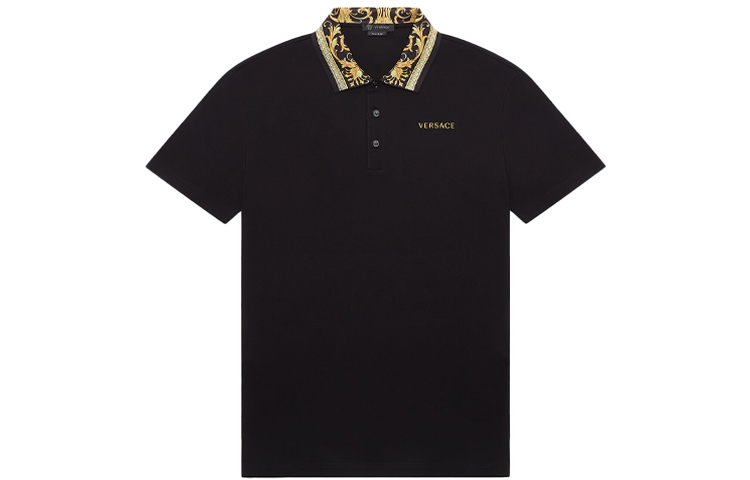 VERSACE Black Short-Sleeve Polo Shirt with Graphic Print Collar. A85106-A231240-A2003