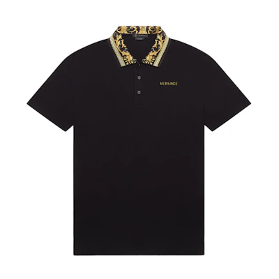 VERSACE Black Short-Sleeve Polo Shirt with Graphic Print Collar. A85106-A231240-A2003