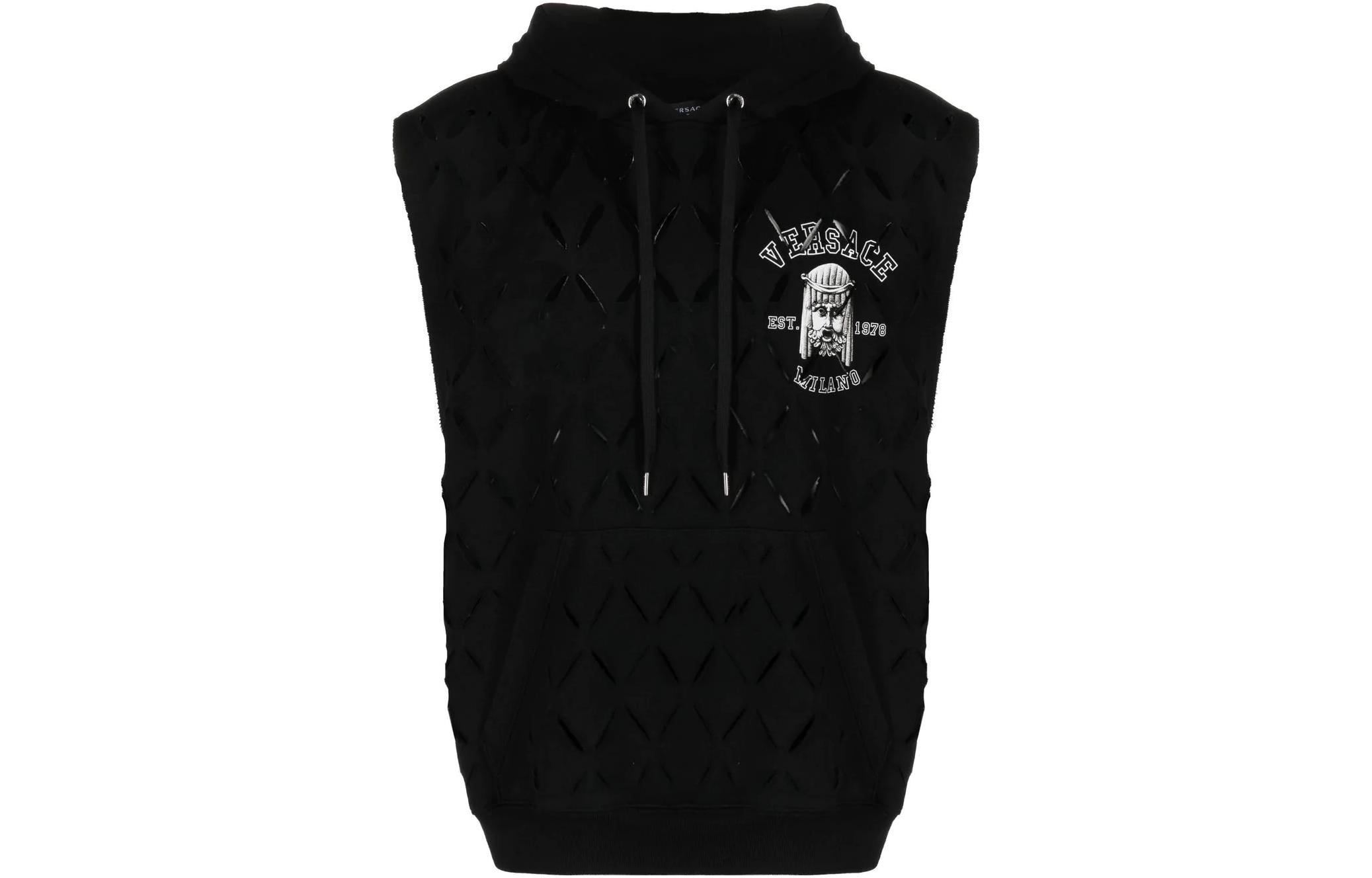 Versace Black Sleeveless Hoodie with Letter Logo Print & Drawstring 1009544-1A06795-1B000