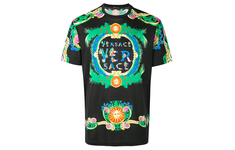 VERSACE Black T-Shirt with Large Floral Logo Print A77276-A224831-A708