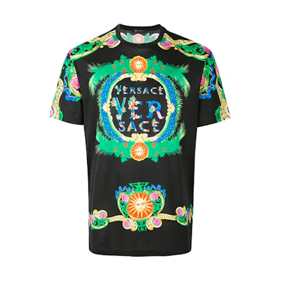 VERSACE Black T-Shirt with Large Floral Logo Print A77276-A224831-A708