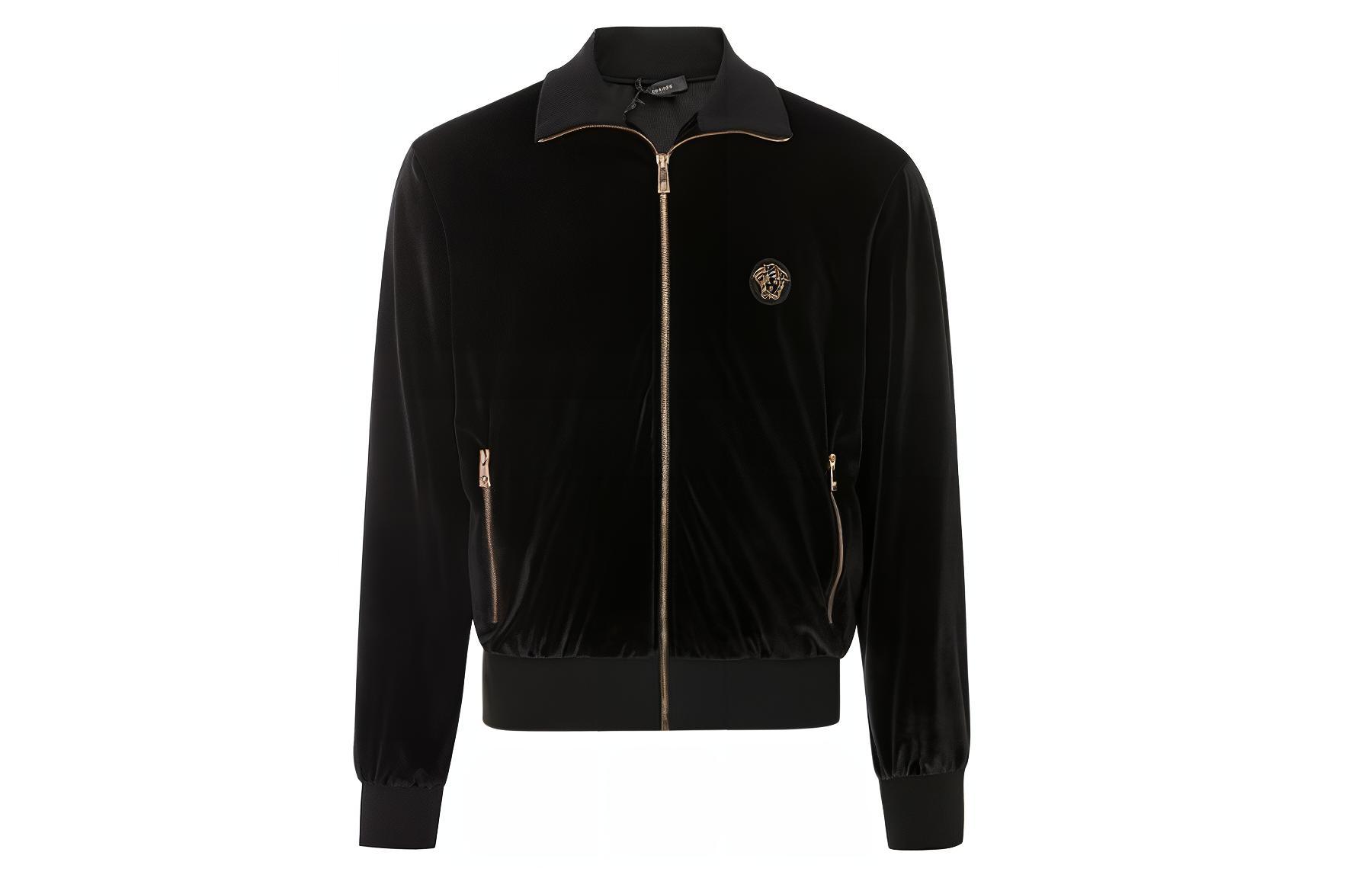 Versace Black Velvet Textured Jacket with Logo & Zippered Pockets A87478-A234467-A1008