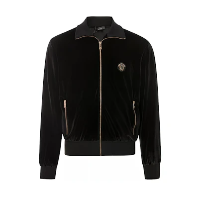 Versace Black Velvet Textured Jacket with Logo & Zippered Pockets A87478-A234467-A1008