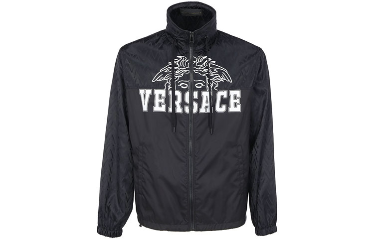 Versace Black Zip-Up Jacket with Letter Print and Stand Collar A84360-A232567-A4008
