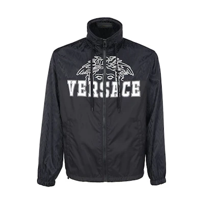 Versace Black Zip-Up Jacket with Letter Print and Stand Collar A84360-A232567-A4008