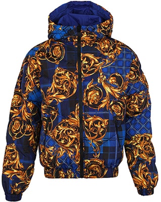 VERSACE Blue Baroque Print Reversible Abstract Hooded Down Jacket. 71GAA422-CQS06-G42 Buy VERSACE Blue Baroque Print Reversible Abstract Hooded Down Jacket. 71GAA422-CQS06-G42