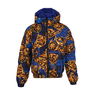 VERSACE Blue Baroque Print Reversible Abstract Hooded Down Jacket. 71GAA422-CQS06-G42