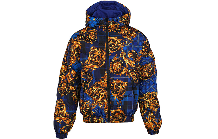 Order VERSACE Blue Baroque Print Reversible Abstract Hooded Down Jacket. 71GAA422-CQS06-G42