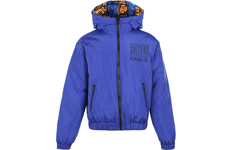 Lookbook VERSACE Blue Baroque Print Reversible Abstract Hooded Down Jacket. 71GAA422-CQS06-G42