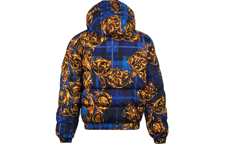 Shop VERSACE Blue Baroque Print Reversible Abstract Hooded Down Jacket. 71GAA422-CQS06-G42