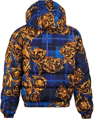 VERSACE Blue Baroque Print Reversible Abstract Hooded Down Jacket. 71GAA422-CQS06-G42 Shop VERSACE Blue Baroque Print Reversible Abstract Hooded Down Jacket. 71GAA422-CQS06-G42