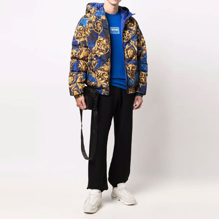 Purchase VERSACE Blue Baroque Print Reversible Abstract Hooded Down Jacket. 71GAA422-CQS06-G42