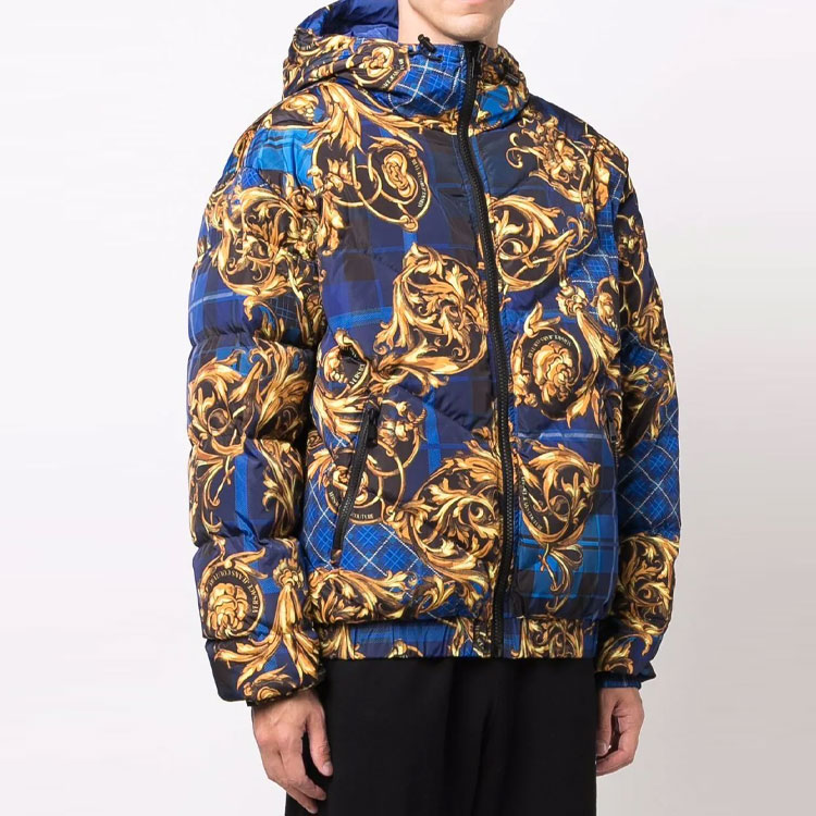 Sizing VERSACE Blue Baroque Print Reversible Abstract Hooded Down Jacket. 71GAA422-CQS06-G42