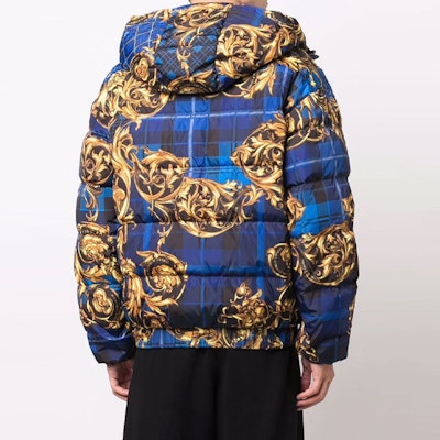 VERSACE Blue Baroque Print Reversible Abstract Hooded Down Jacket. 71GAA422-CQS06-G42 Cheap VERSACE Blue Baroque Print Reversible Abstract Hooded Down Jacket. 71GAA422-CQS06-G42