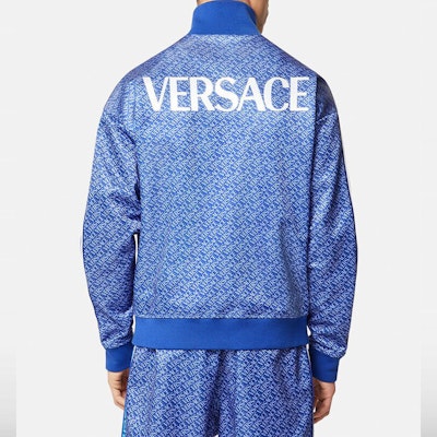 VERSACE Blue Logo Print Colorblock Long Sleeve Jacket 1001509-1A01115_6U300 Purchase VERSACE Blue Logo Print Colorblock Long Sleeve Jacket 1001509-1A01115_6U300
