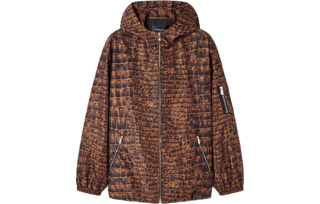 Versace Brown Hooded Windbreaker Jacket with Logo Leather Patches 10126611A08997-5N060